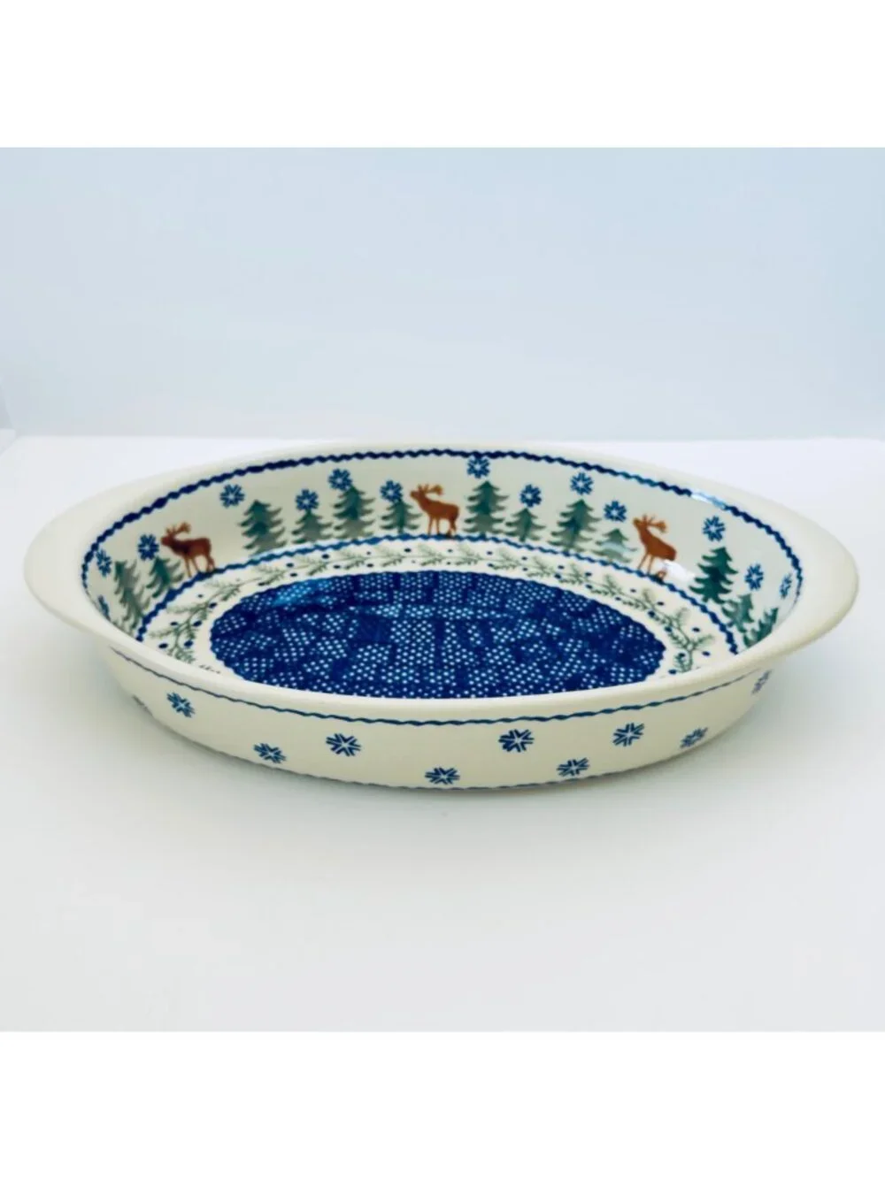 Polish Pottery Oval Baker Casserole Dish Reindeer Evergreen Forest Pine Trees